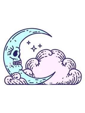 Bir dövmenin, geleneksel kafatası şeklindeki hilal ve bulutlar üzerindeki parıltı etkisi.