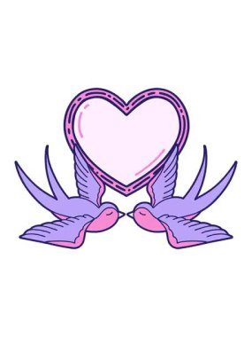 Pikselleştirme efekti dövme stili çizim kırlangıçlar ve bir kalp