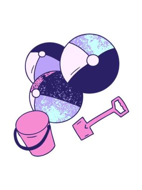 El hareketli animasyonlar çizilmiş karikatür karalama plaj topları kova ve kürek ile