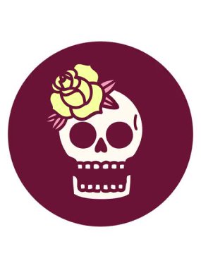 Bir kafatasının ikonik dövme tarzının canlandırma efekti ve parlak renkli gül rengi