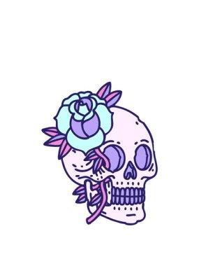 Kafatası ve gül desenli dövmenin animasyonunu büyütüyor.