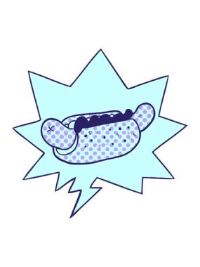 Çizgi film animasyonunun efekt efektlerini çizgi roman tarzında konuşma baloncuklu taze lezzetli sosisliler