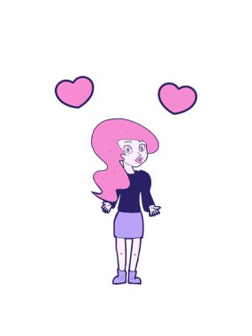 Karikatürdeki kadının omuz silkme hareketinin dönen kalpleri.