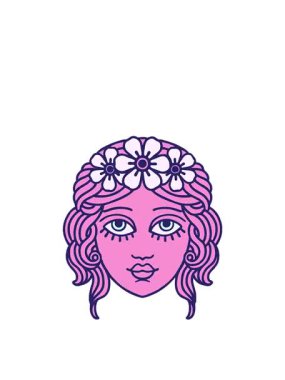 Dövmenin hareketli animasyonu geleneksel kadın yüzüyle çiçekten taç takıyor.