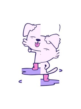 Çizgi film köpeğinin su birikintisinde dilini çıkararak hareket etmesi.