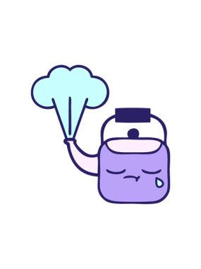 Yıldız patlaması efekti dumanı tüten bir su ısıtıcısının sevimli çizgi filminin animasyonu