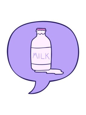 Parlak ışık efekti, çizgi film karakteri taze süt ve konuşma baloncuğu.