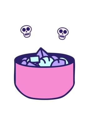 Karışık deniz ürünleri ve sebze Japon yemek kasesi çizimlerinin kafatası animasyonları