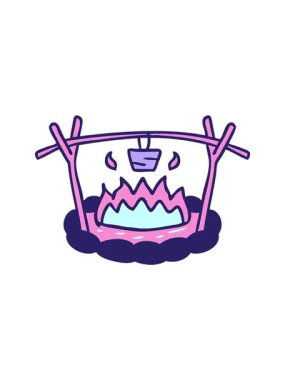 Bir kamp alanının el yapımı çizgi film karalamalarının dönen hareketi.