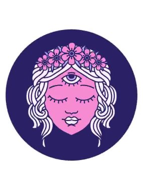 Titreyen hareketli animasyon ikonik dövmeli kadın yüzü üçüncü gözü ve çiçeklerin tacı.