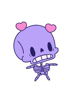 Çizgi film illüstrasyonunun dönen kalp animasyonu kawaii sevimli ölü iskelet