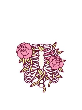 Kaburga kafesi ve parlak renkli çiçeklerin ikonik dövme görüntüsünün hareketli animasyonu