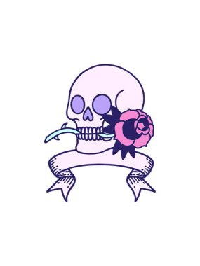 Dikkat çekici eski geleneksel dövmenin bir kafatası ve gül sancağıyla canlandırılması