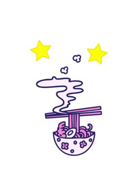 dönen yıldızlar sıcak Japon yemeklerini yemek çubuklarıyla kaseye koyuyorlar.