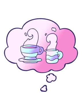 Karikatür kahve fincanının titrek hareketli animasyonu. Düşünce baloncuğu pürüzsüz gradyan tarzında.