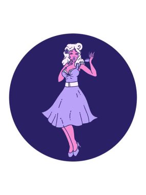 Basınç, ikonik dövme stili animasyon. Şaşırmış bir kızın resmi.