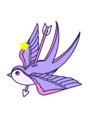 Parlayan yıldızlar, okla delinmiş bir kırlangıcın dövmesel görüntüsünün canlandırılmasını etkiler.