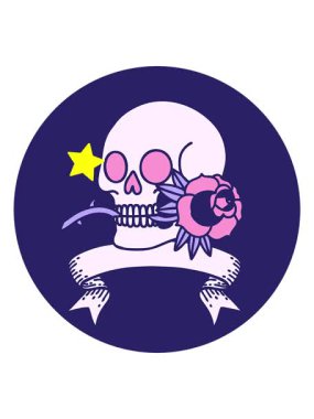 Parıldayan yıldızlar, bir kafatası ve gül sancağıyla dövme stili simgesinin animasyonunu etkiler