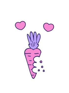 Karikatür karikatürünün dönen kalpleri. Isırık izli havuç.