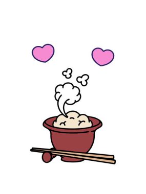 Japon pilavının yemek çubuklarıyla geleneksel kasede dönen kalp animasyonu.