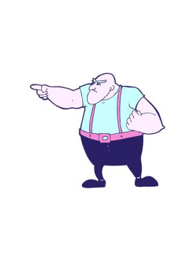 Karikatür animasyonu kızgın sert adamı işaret ediyor.