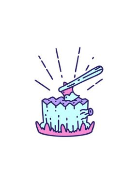 Geleneksel dövme stili baltanın ağaç kütüğünde parlayan radyoaktif canlandırması