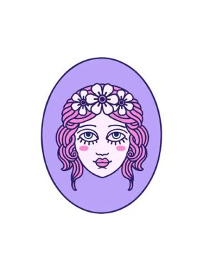 Pikselleştirme efekti. Dövmenin geleneksel stiliyle saçında çiçekler olan bir bakire.