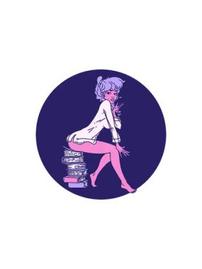 İkonik dövme stili resimli kitapların üzerinde oturan bir kızın gösterişli satış animasyonu