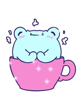 Kahve fincanında oturan sevimli bir kurbağanın karikatür efekti.