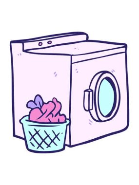 Bir çizgi film çamaşır makinesi ve çamaşır makinesinin basınçlı animasyonu