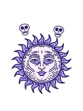 Kafatasının etrafında dönen dövme stili bir yüz ile güneşin görüntüsü