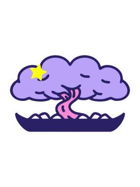 Parıldayan yıldızlar sığ bir saksıda bonsai ağacının canlandırılmasını etkiler.