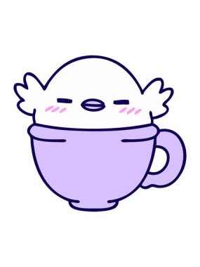 Kahve fincanında oturan sevimli bir kuşun çizgi filminin neon ışık efekti.