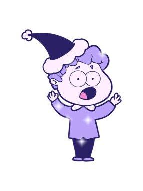 Parıltı etkisi. El çizimi çizimi. Şaşkınlık içinde soluk soluğa kalan bir adamın Noel Baba şapkası takması.