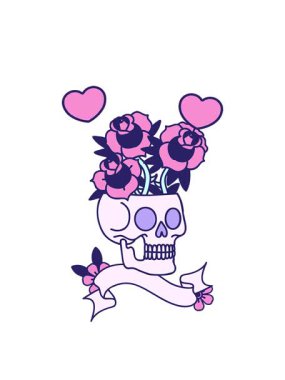 Kafatası ve güllerin bayrağıyla geleneksel dövmenin dönen kalpleri.