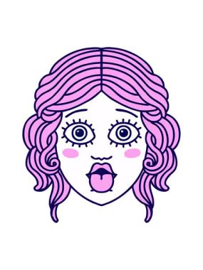 Dövmenin neon ışık efektli animasyonu. Geleneksel kadın yüzü tarzı. Dili dışarı çıkmış.