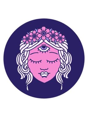 Titreşimli hareketli ikonik dövmeli kadın yüzü görüntüsü üçüncü göz ve çiçek tacıyla