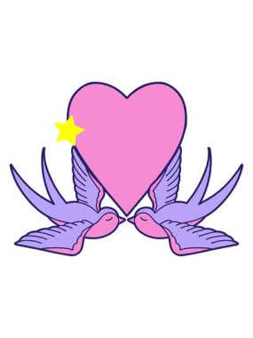 Parıldayan yıldızlar dövmenin animasyonunu geleneksel kırlangıçlar ve kalp şeklinde etkiler.