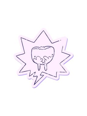 Karikatür dişinin canlandırılması konuşma baloncuğu ile sıkıntılı eski çıkartma