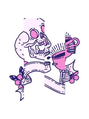 Geleneksel dövmenin bölünmüş hareketli animasyonu kafatası pankartıyla kahve içiyor.