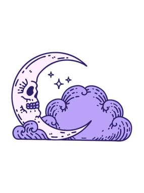 Dövmenin titreşimli animasyonu geleneksel kafatası hilal ve bulutlar tarzında.