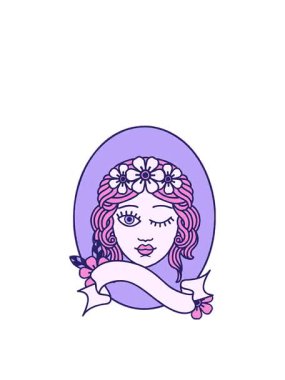 Geleneksel dövmenin hareketli animasyonu. Çiçekten taç takan bir bakirenin sancağıyla.