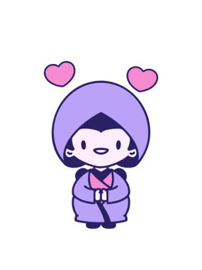 Geleneksel düğün kıyafetleri giymiş Japon bir kadının dönen kalp animasyonu.