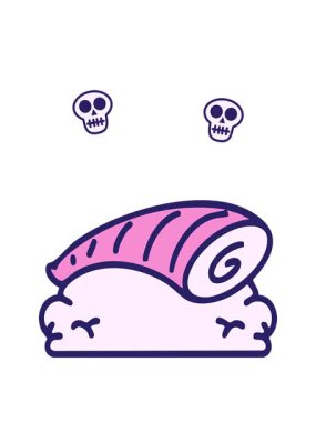 Japon nigiri suşisinin kafatası animasyonunu pirinç karikatüründe döndürmek.