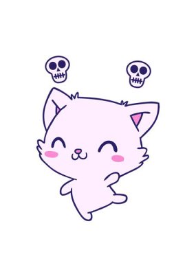 sevimli kawaii kedisinin çizgi film çiziminin kafatası animasyonu