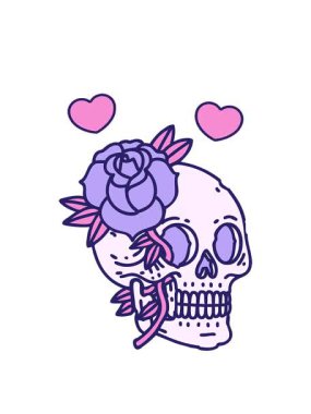 Kafatası ve gülün sembolik dövme görüntüsünün dönen kalp animasyonu