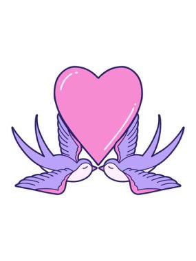 Kırlangıçların ve kalp karikatürlerinin ikonik dövme tarzının titreşimli animasyonu