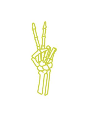 Dövmenin siyah çizgi biçiminde renk değiştiren bir iskelet barış işareti simgesi veriyor