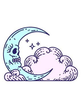 Kafatası hilal ve bulutlar şeklinde geleneksel bir dövme hareketsiz ve duraklat