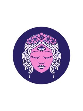 İkonik dövme stili kadın yüzünün üçüncü gözü ve çiçek tacıyla canlandırma etkisi.